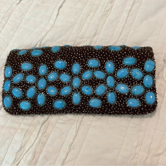Moyna Anthropologie Beaded Clutch Turquoise Beads on Brown Beaded background - Picture 6 of 12